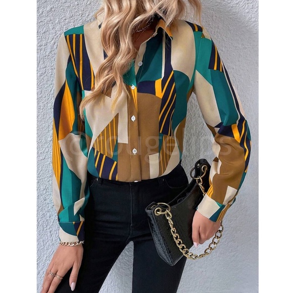 Geometric Colorblock Print Button Down Collared Long Sleeve Dress Shirt Top - Picture 3 of 7